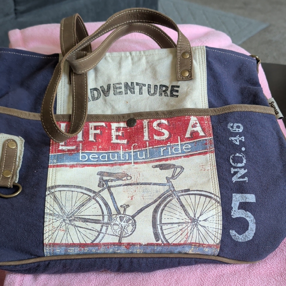 Adventure Canvas Tote Bag with Bicycle Print - Navy, Red, Cream